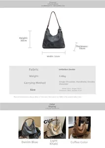 Detailed size chart and specifications for the large capacity denim texture backpack with chain