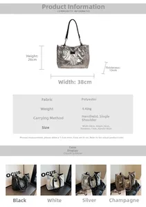 Detailed size specifications of the quilted silver tote bag in polyester with measurements