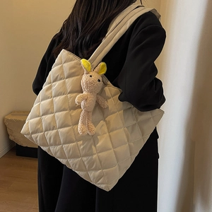 Quilted beige nylon tote bag with rhombus pattern and cute bunny keychain for women