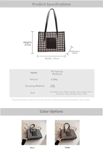 Detailed view of large tote bag size 36x27x10cm with houndstooth texture and 74cm strap
