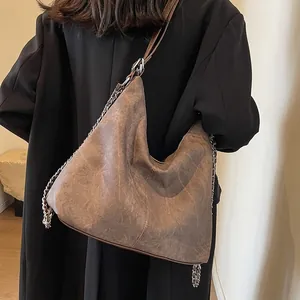 Large Capacity Denim Hobo Bag For Women Vintage Washed Fabric Shoulder Bag With Metal Chain Strap Retro Large Tote Travel