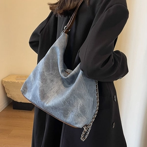 Denim texture hobo backpack with chain and leather straps for casual travel use