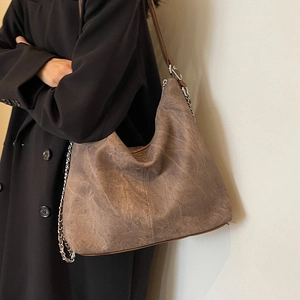 Retro brown large capacity denim texture hobo shoulder bag with chain strap