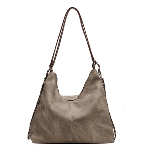Vintage large capacity denim texture backpack with metal chain straps and brown handles