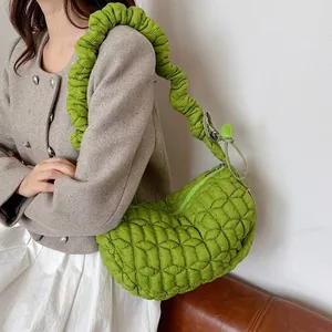 Women Nylon Quilted Shoulder Bag Pleated Bubble Strap Cloud Bag Fashion Crescent Half Moon Crossbody Bag Casual Handbag