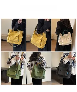 Detailed views of multi-color canvas tote bag showing shoulder and crossbody styling options