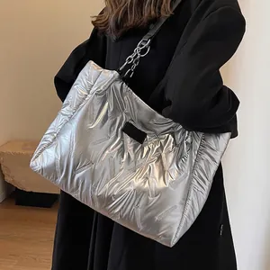 Women Large Capacity Quilted Puffer Tote Bag Metallic Shine Chain Shoulder Bag College Commuter Handbag