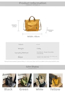 Size chart for large canvas tote bag showing dimensions 40x31x14cm and four color options