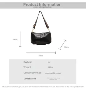 Detailed size chart for the black pleated dumpling bag with embroidered strap measurements