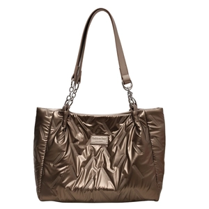 Metallic bronze quilted tote bag with chain shoulder straps and fashion bag logo