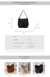 Size guide for nylon backpack showing dimensions 32x31x12cm and multi-use carrying methods