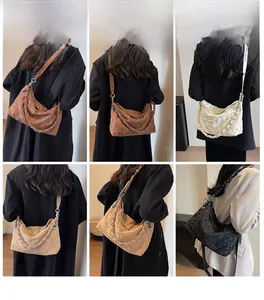 Quilted tote bags shown in black, brown, and beige with woven chain straps on models