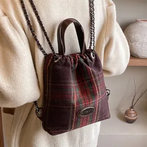 Vintage Britisch Karierter Tweed Kordelzug Rucksack Damen Mode Metallkette Beuteltasche Handtasche Pendler Reisen