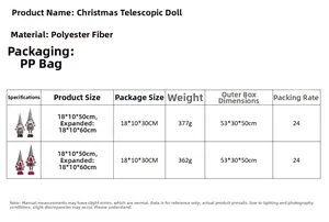 Size chart showing height and weight for the telescopic Christmas gnome dolls