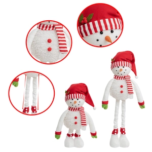 Christmas snowman plush toy with retractable legs and red hat for festive home decoration