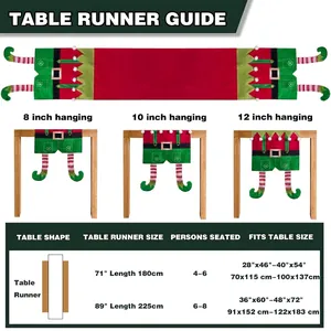 Christmas elf table runner size guide with hanging length options and dimensions