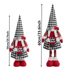 Set of two black and white buffalo plaid Christmas gnomes with telescopic legs 50-60cm