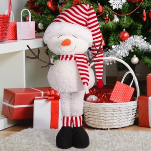 Standing Christmas snowman decoration with telescopic legs and red striped hat