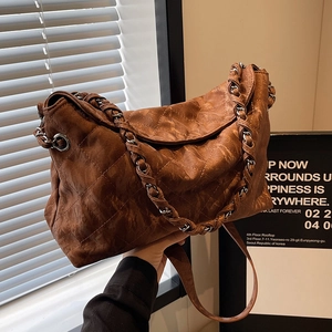 Brown quilted faux leather tote bag with vintage metal chain strap for women