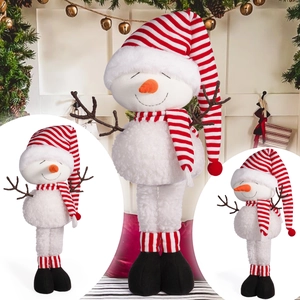 Detail of Christmas snowman plush decor featuring striped hats and telescopic legs in three sizes