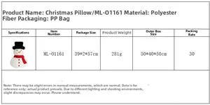 Detailed specification sheet for Christmas snowman plush pillow with size and material info