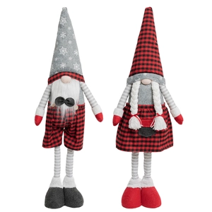 Christmas gnomes with red and black plaid outfits and retractable legs for holiday decor