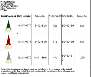 Detailed size chart for Christmas LED gnomes showing dimensions and weight specifications