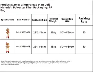 Detailed chart showing size and weight specs for Christmas gingerbread man plush dolls