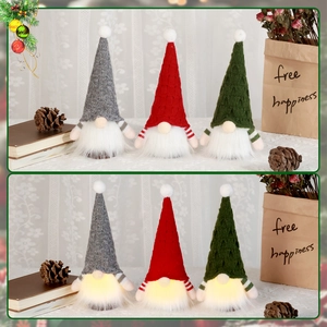 Detail of Christmas gnome with LED light glowing in gray, red, and green colors