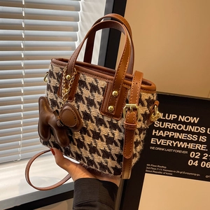 Dames Mode Hahnentritt PU Leer Emmer Tas Vintage Kleine Ruit Schouder Crossbody Tas Met Verstelbare Riem Bedel