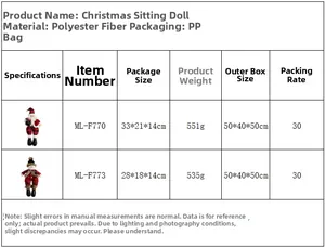Size and weight specifications for plush standing Santa Claus and snowman dolls