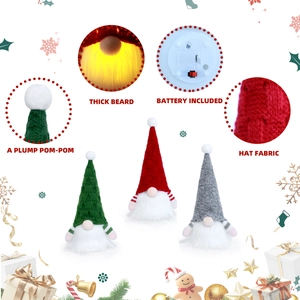 Detail of three LED Christmas gnomes showing knitted hats and warm glowing light effect