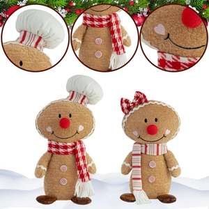 Detail shots of gingerbread man plush toys featuring chef hat and houndstooth scarf
