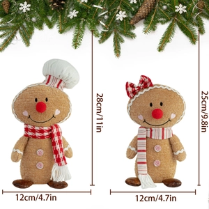 Christmas gingerbread man plush doll set with chef hat and scarf, heights 25cm and 28cm