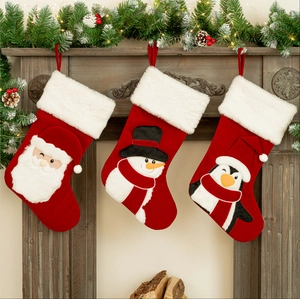 Christmas Stocking Velvet Gift Bag With Faux Fur Trim Santa Snowman Penguin Embroidery Hanging Xmas Tree Decoration