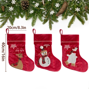 Three-pack velvet Christmas stockings with reindeer and snowman embroidery 40cm height