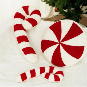 Christmas Candy Round Peppermint Cushion Pillow Red White Striped Sherpa Fleece Decorative Throw Pillow For Holiday Home