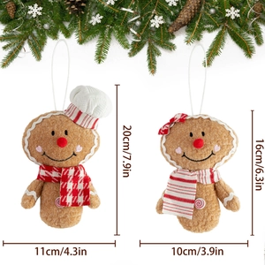 Gingerbread man plush ornaments set with chef hat and red bow for Christmas decor