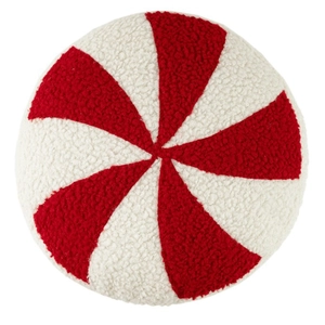 Round Christmas candy pillow with red and white spiral stripes in soft sherpa fabric