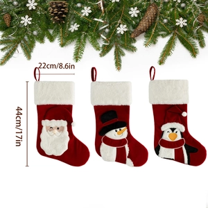 Christmas velvet stockings set with Santa Snowman Penguin patterns in red and white colors