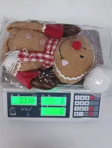 Detailed close-up of a Christmas gingerbread man plush toy weighing 0.338kg on a scale
