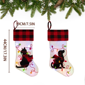 Size specifications for LED Christmas stockings with cat and dog silhouettes and plaid trim