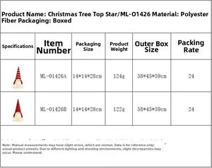 Size chart showing dimensions and weight for the striped knitted gnome Christmas tree topper