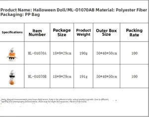 Detailed size chart for Halloween ghost plush with dimensions and polyester material specs