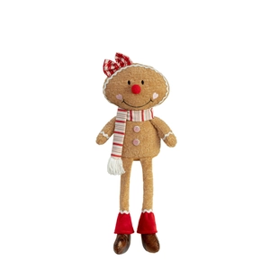 Christmas gingerbread man plush doll with long legs and a striped scarf on white background