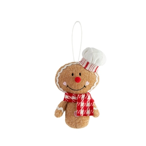 Gingerbread man plush Christmas ornament with chef hat and red checkered scarf on white base