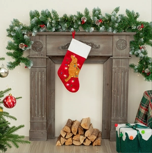 Chaussette de Noël rouge avec motif Golden Retriever et lumières LED brillantes