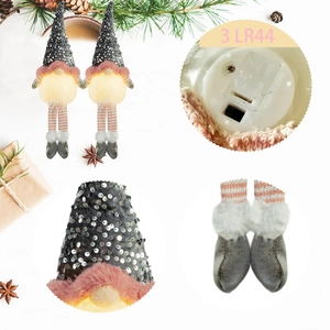 Set of 2 glowing Christmas gnomes with LED lights and grey sequin hats decoration