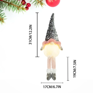 Lighted Christmas gnome doll with grey sequin hat and pink beard on white background