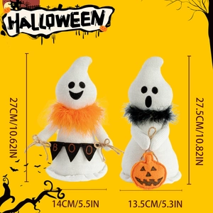 Halloween knitted ghost plush set with orange scarf and BOO banner, size dimensions shown